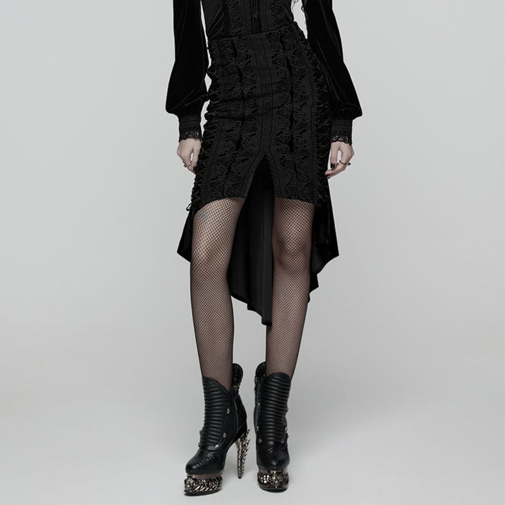 PUNK RAVE Women's Gothic Floral Embroidered Irregular Fishtail Skirt Black