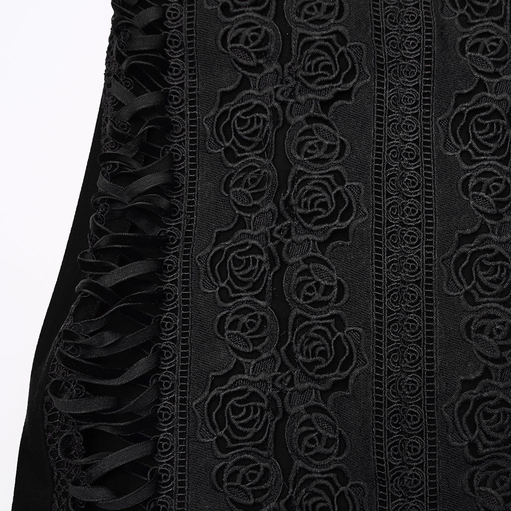 PUNK RAVE Women's Gothic Floral Embroidered Irregular Fishtail Skirt Black