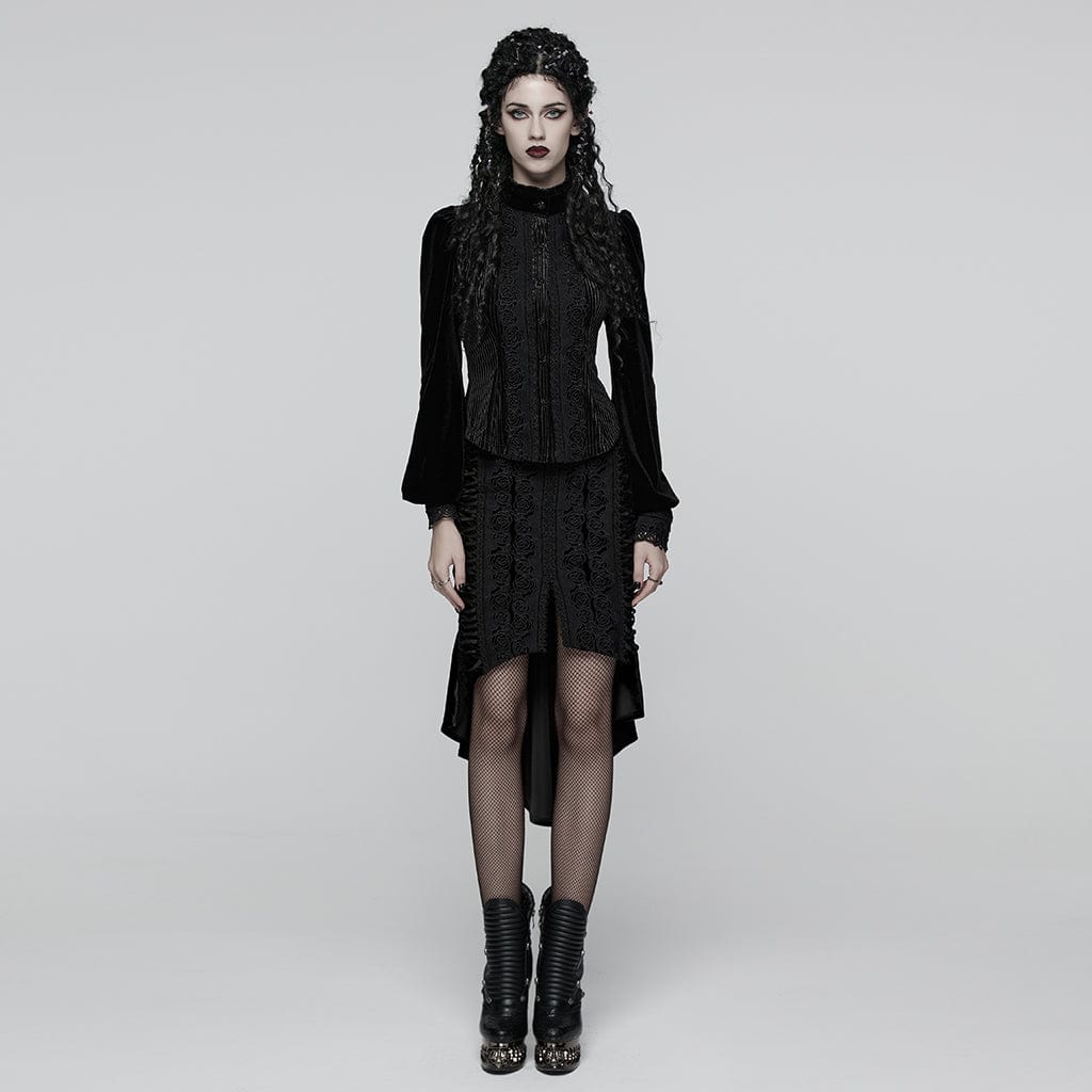 PUNK RAVE Women's Gothic Floral Embroidered Irregular Fishtail Skirt Black