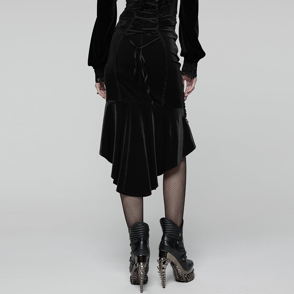 PUNK RAVE Women's Gothic Floral Embroidered Irregular Fishtail Skirt Black