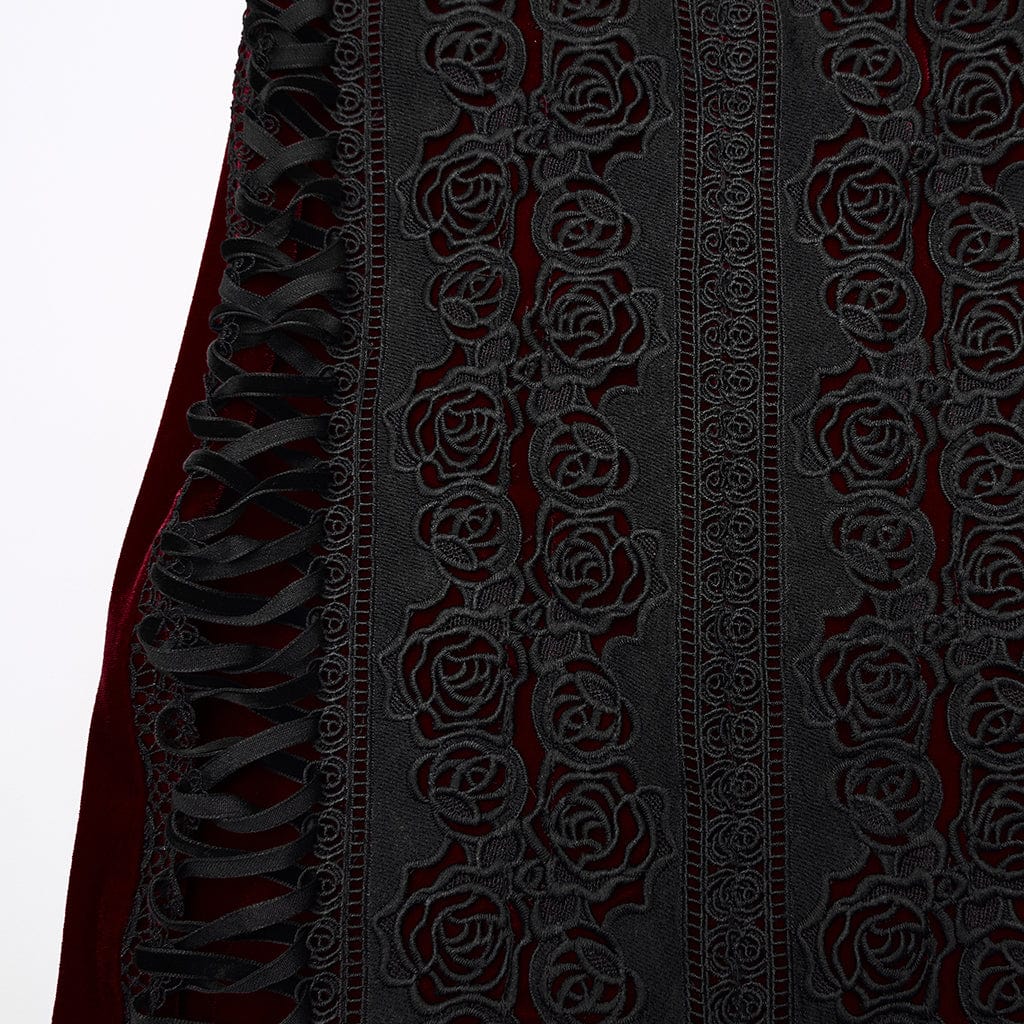 PUNK RAVE Women's Gothic Floral Embroidered Irregular Fishtail Skirt Red