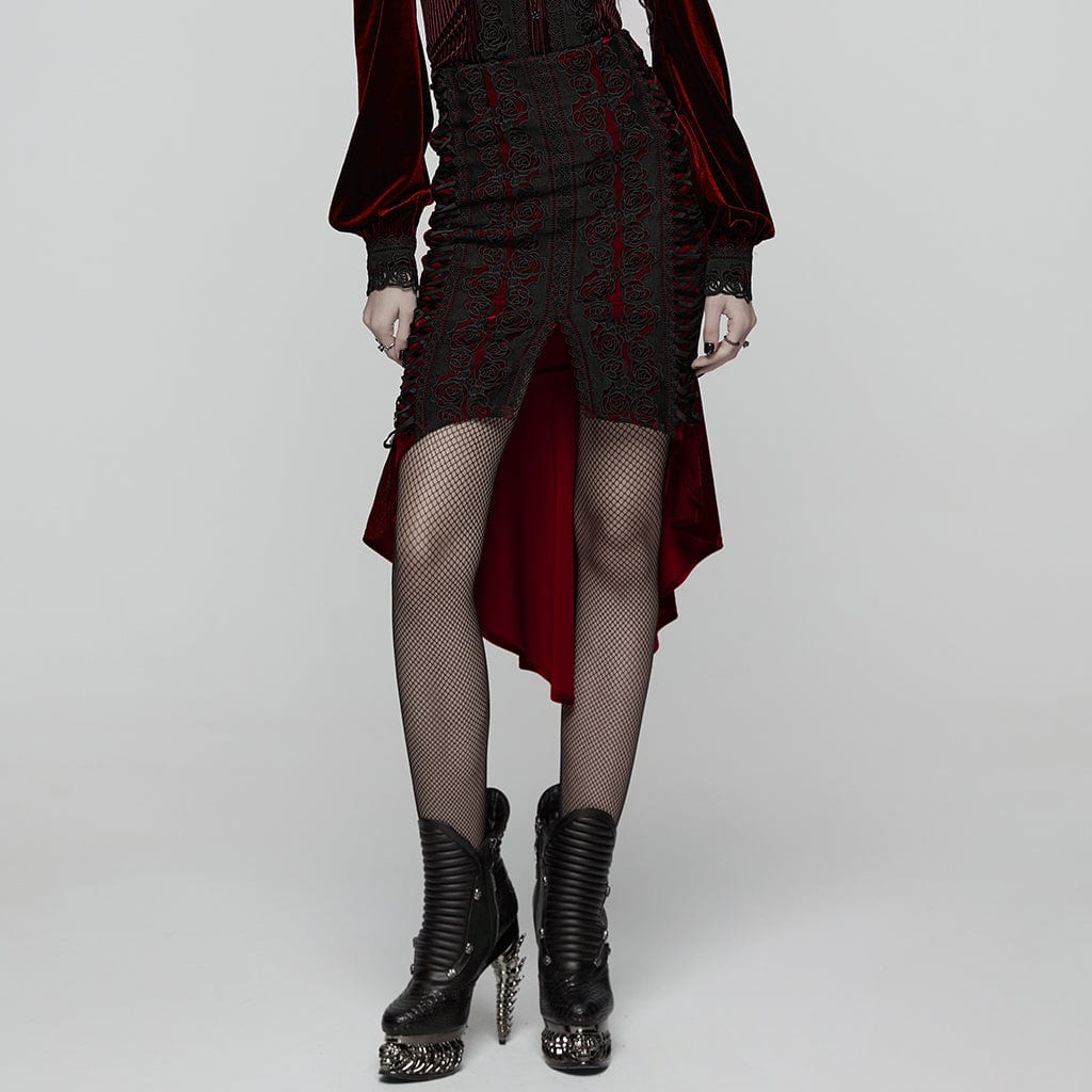 PUNK RAVE Women's Gothic Floral Embroidered Irregular Fishtail Skirt Red