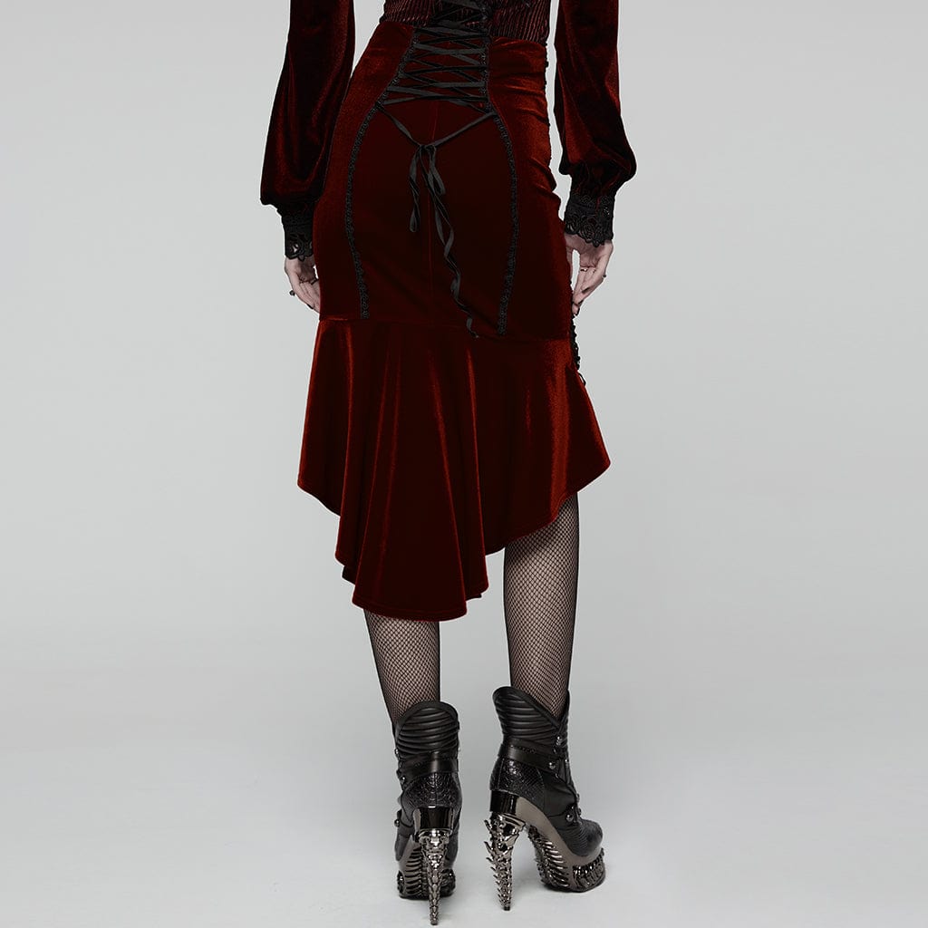 PUNK RAVE Women's Gothic Floral Embroidered Irregular Fishtail Skirt Red