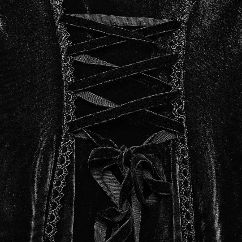 PUNK RAVE Women's Gothic Floral Embroidered Lace Splice Velvet Gown Dress Black