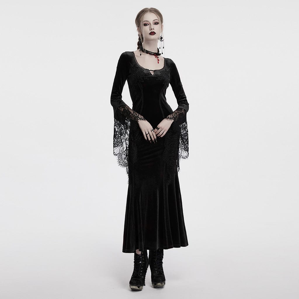 PUNK RAVE Women's Gothic Floral Embroidered Lace Splice Velvet Gown Dress Black
