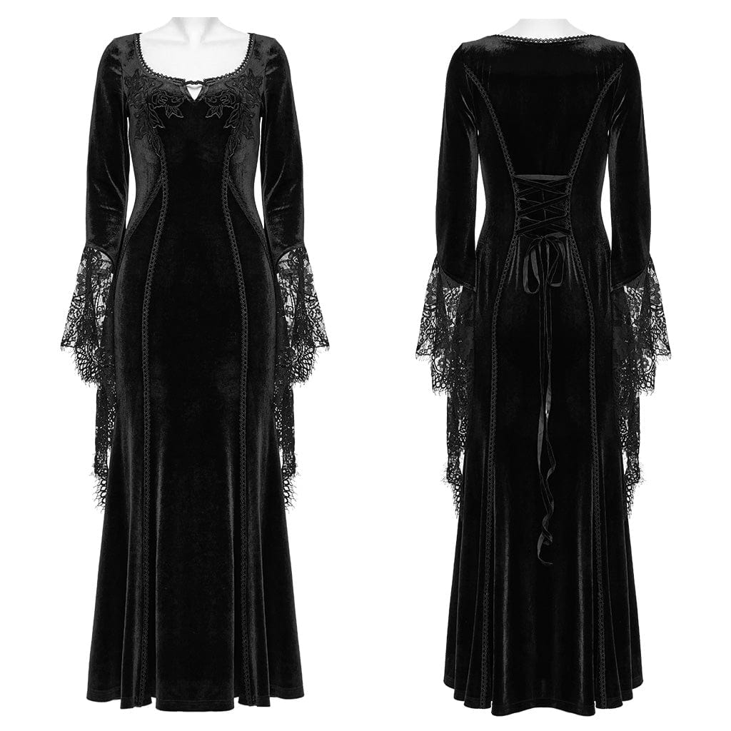 PUNK RAVE Women's Gothic Floral Embroidered Lace Splice Velvet Gown Dress Black