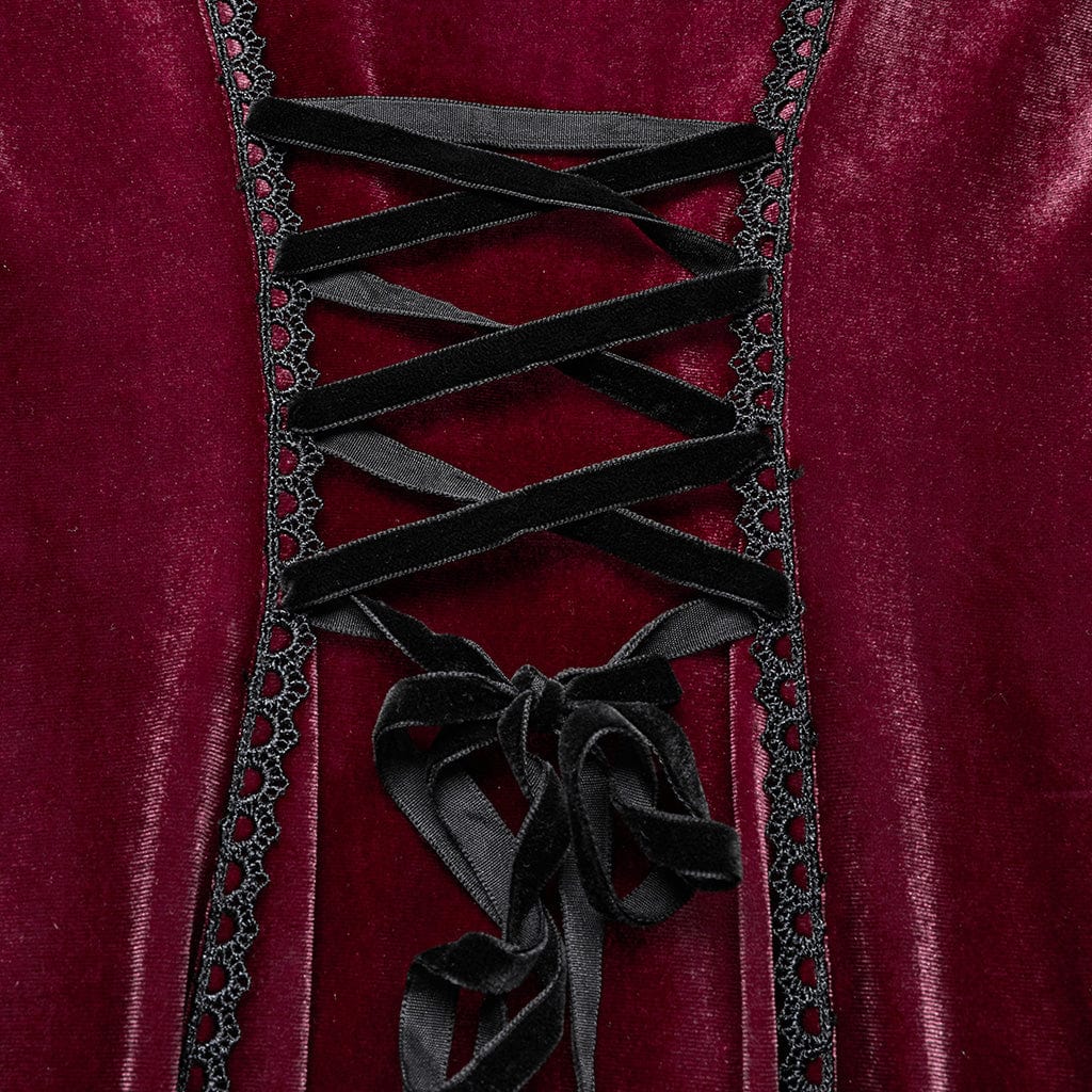 PUNK RAVE Women's Gothic Floral Embroidered Lace Splice Velvet Gown Dress Red