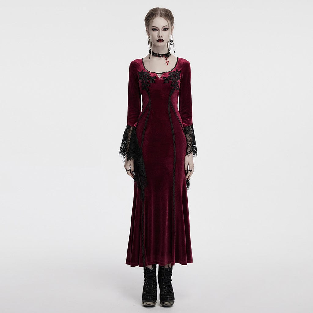 PUNK RAVE Women's Gothic Floral Embroidered Lace Splice Velvet Gown Dress Red