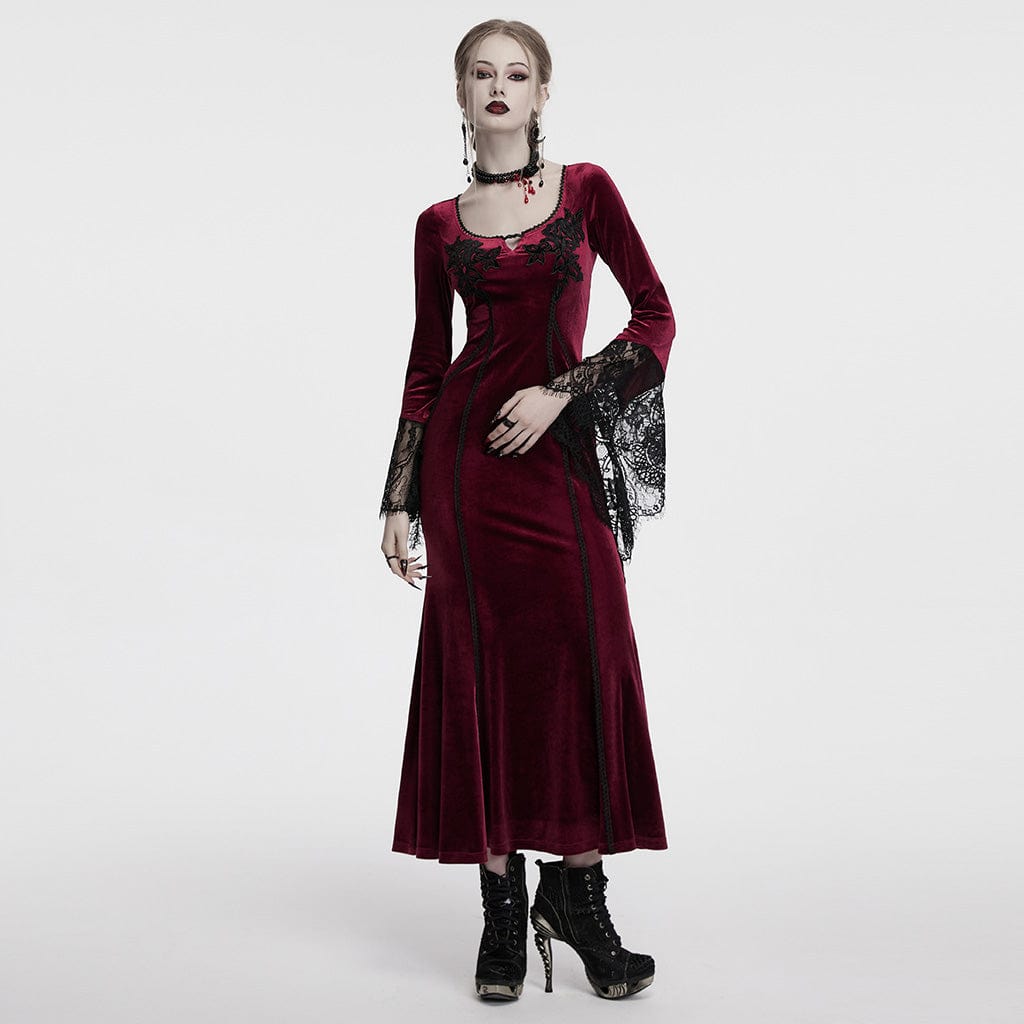 PUNK RAVE Women's Gothic Floral Embroidered Lace Splice Velvet Gown Dress Red