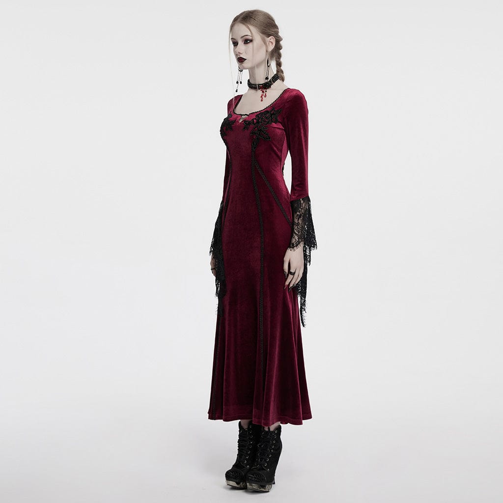 PUNK RAVE Women's Gothic Floral Embroidered Lace Splice Velvet Gown Dress Red