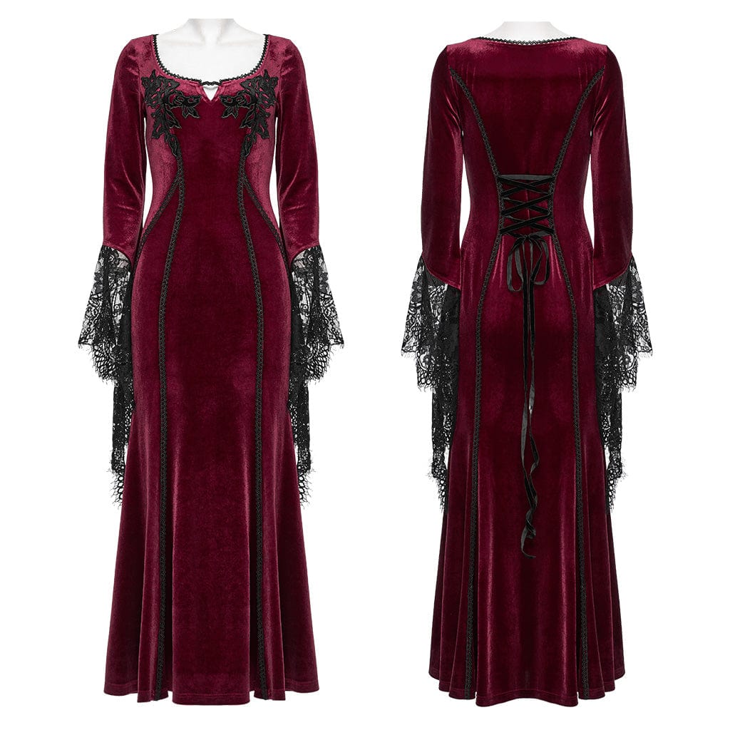 PUNK RAVE Women's Gothic Floral Embroidered Lace Splice Velvet Gown Dress Red