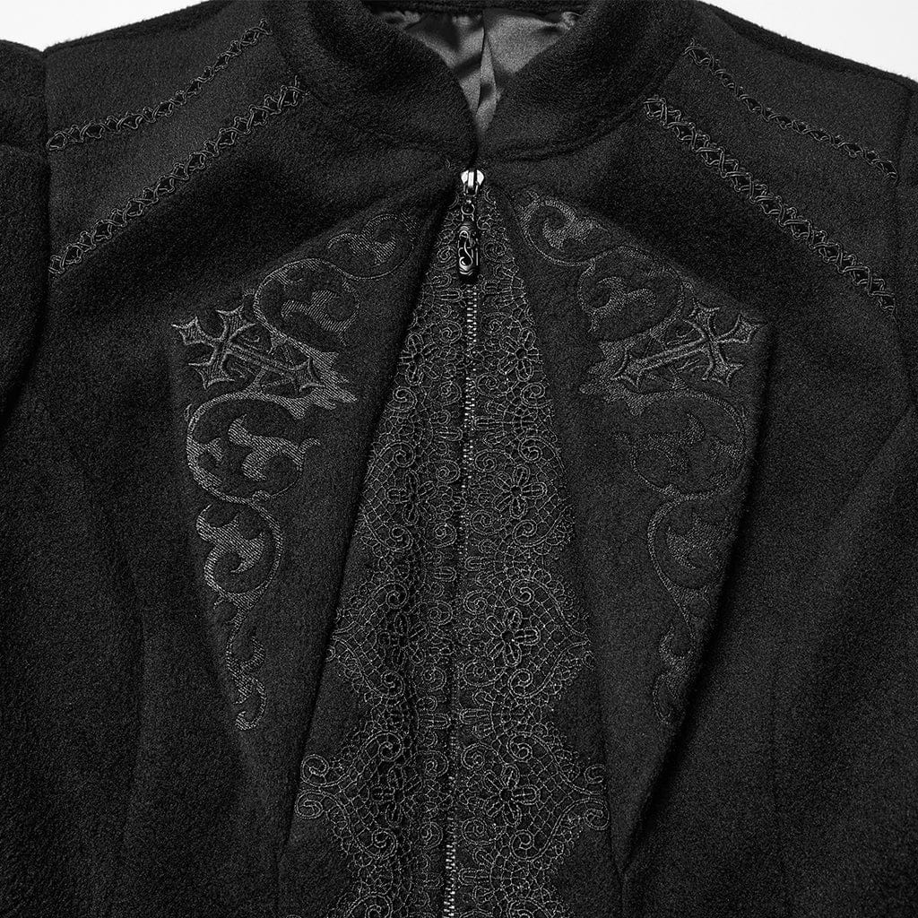 PUNK RAVE Women's Gothic Floral Embroidered Lace-up Jacket Black