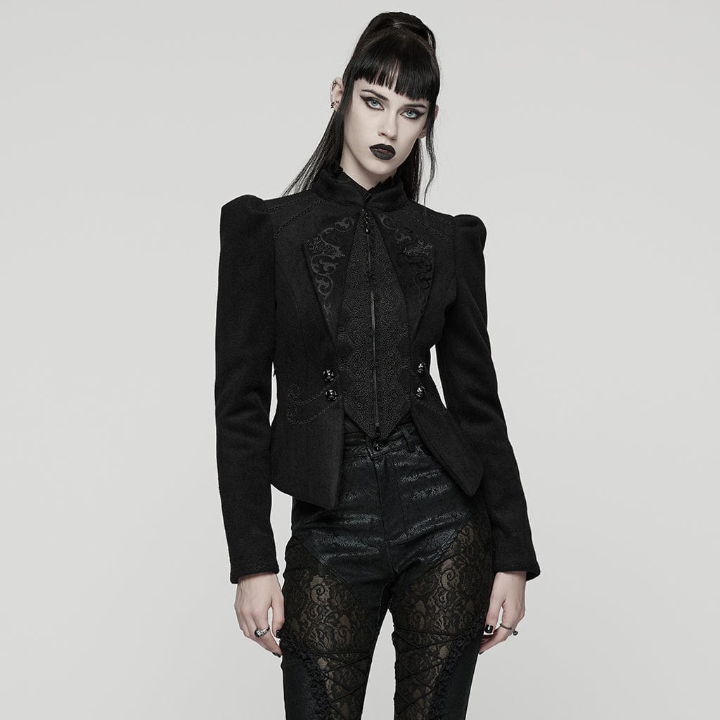 PUNK RAVE Women's Gothic Floral Embroidered Lace-up Jacket Black