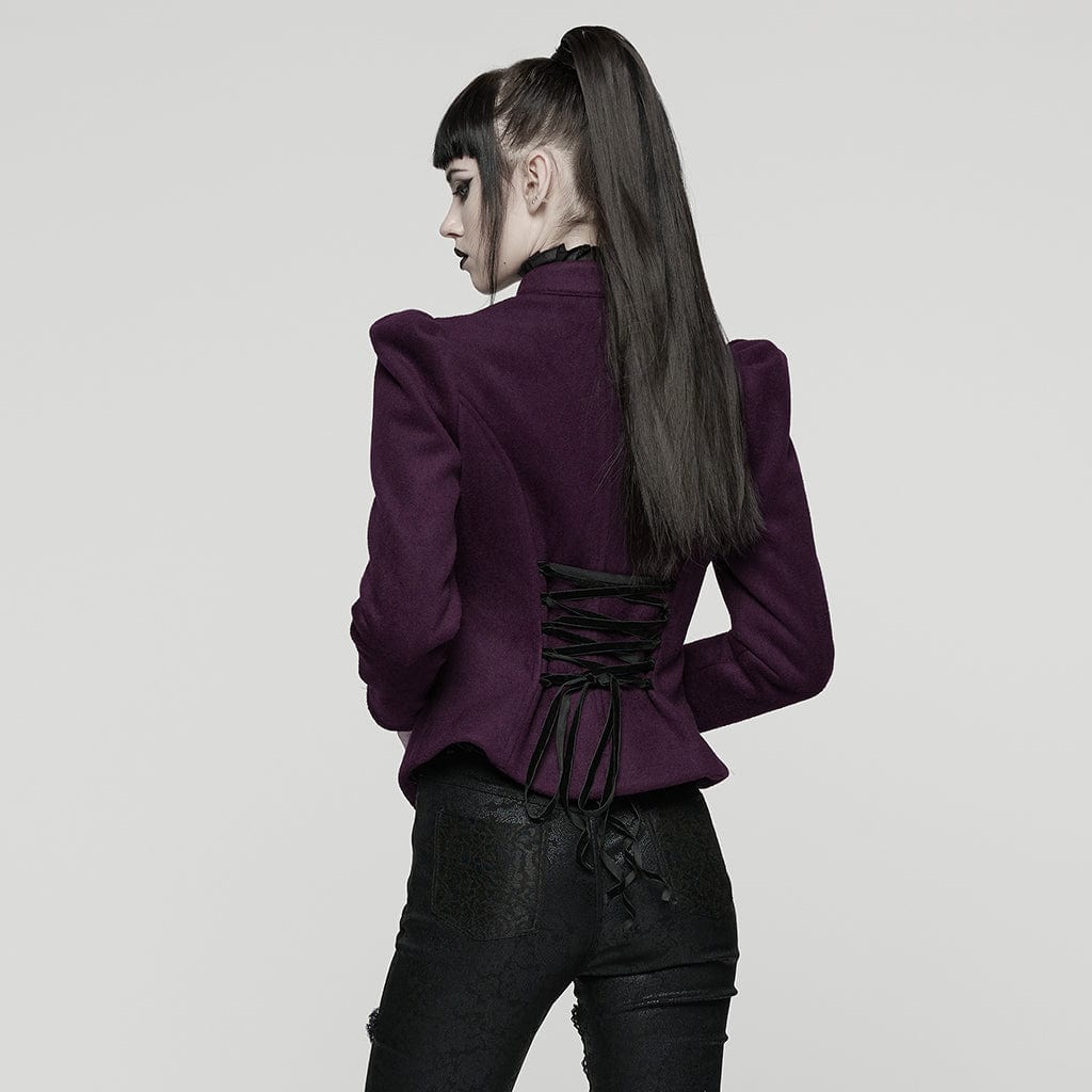 PUNK RAVE Women's Gothic Floral Embroidered Lace-up Jacket Violet