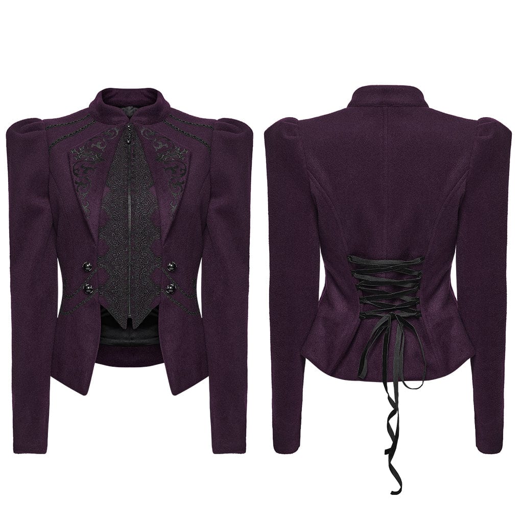 PUNK RAVE Women's Gothic Floral Embroidered Lace-up Jacket Violet