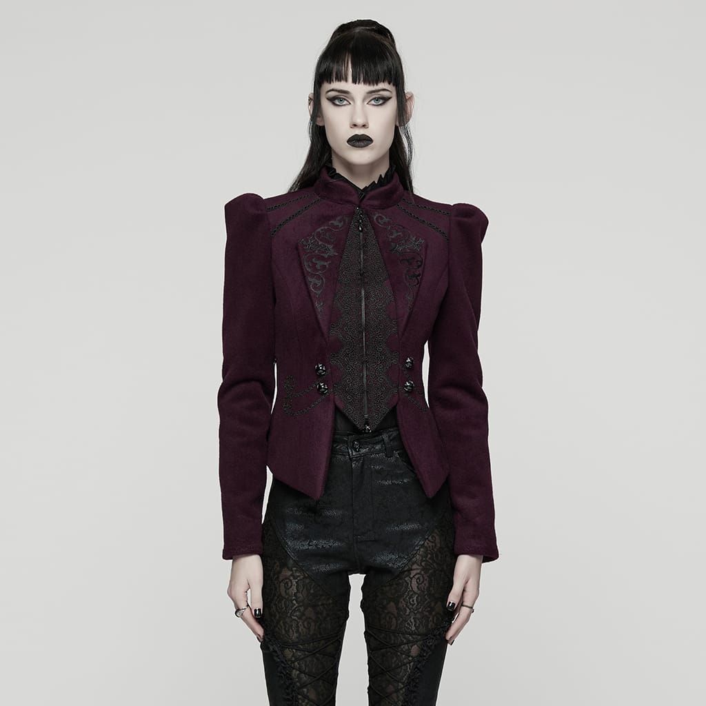 PUNK RAVE Women's Gothic Floral Embroidered Lace-up Jacket Violet