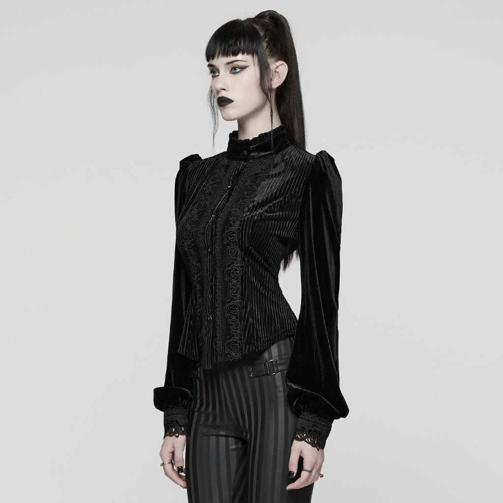 PUNK RAVE Women's Gothic Floral Embroidered Lace-up Puff Sleeved Shirt Black