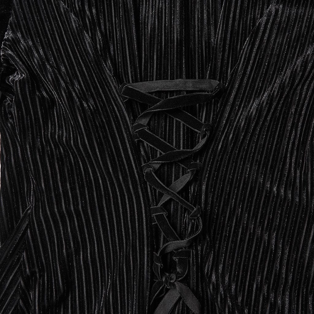 PUNK RAVE Women's Gothic Floral Embroidered Lace-up Puff Sleeved Shirt Black