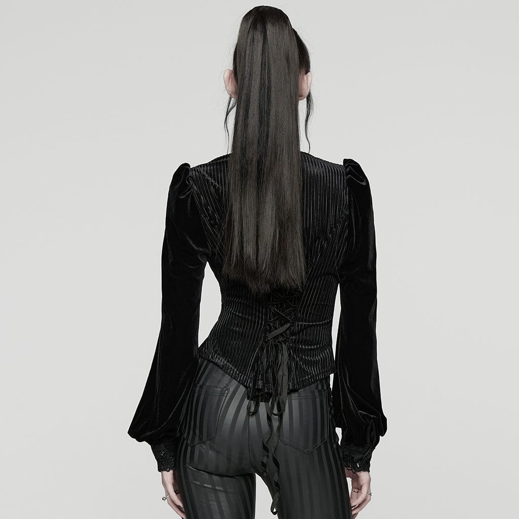 PUNK RAVE Women's Gothic Floral Embroidered Lace-up Puff Sleeved Shirt Black