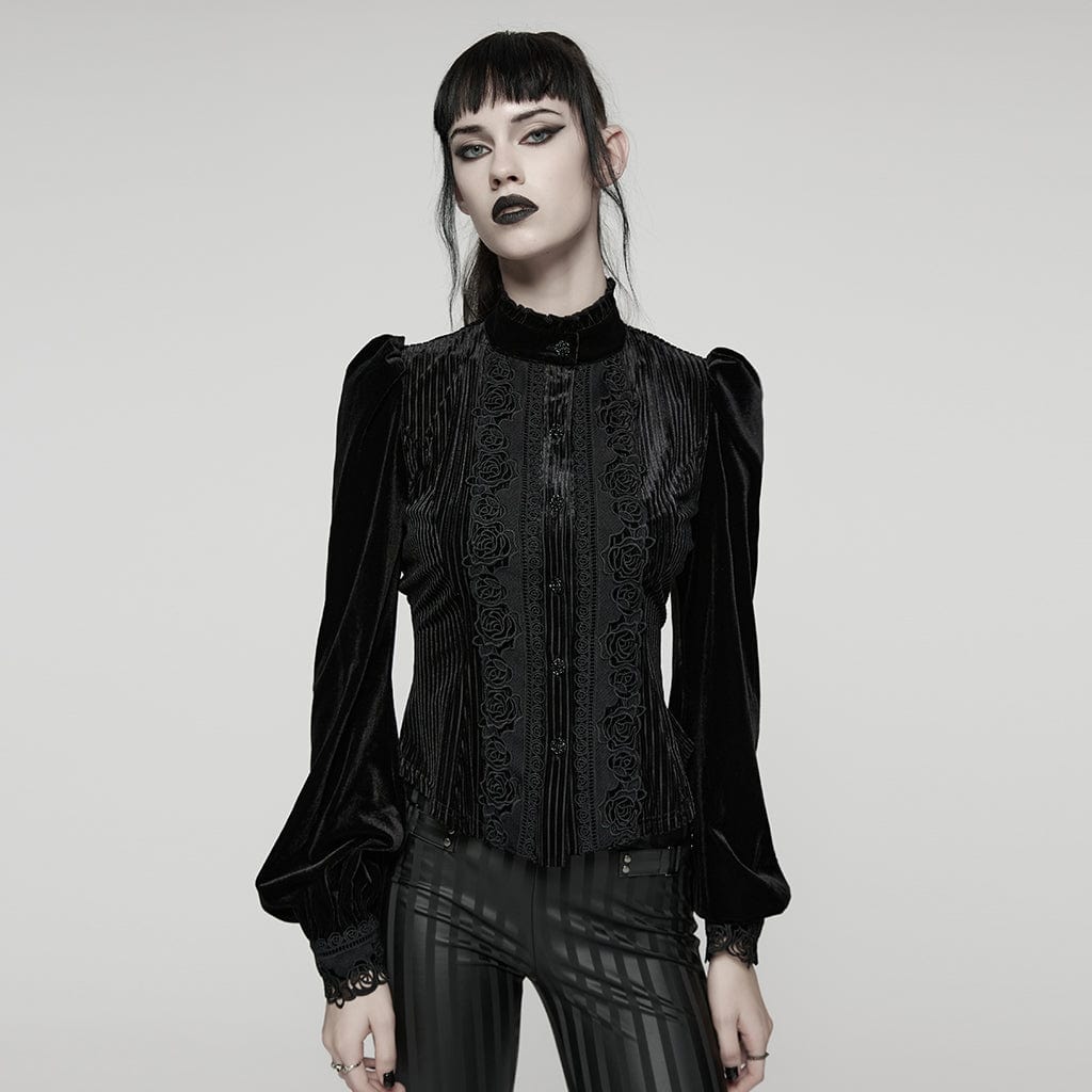 PUNK RAVE Women's Gothic Floral Embroidered Lace-up Puff Sleeved Shirt Black