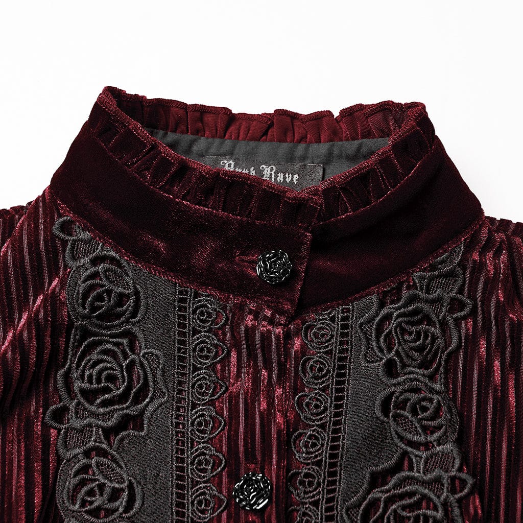 PUNK RAVE Women's Gothic Floral Embroidered Lace-up Puff Sleeved Shirt Red