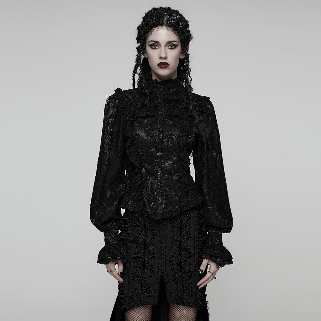 PUNK RAVE Women's Gothic Floral Embroidered Lace-up Ruffle Shirt Black