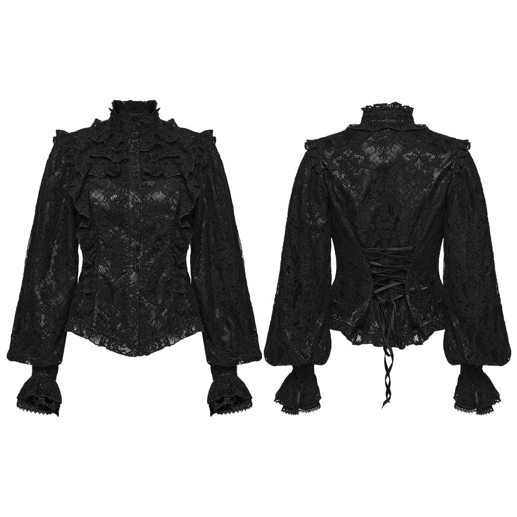 PUNK RAVE Women's Gothic Floral Embroidered Lace-up Ruffle Shirt Black
