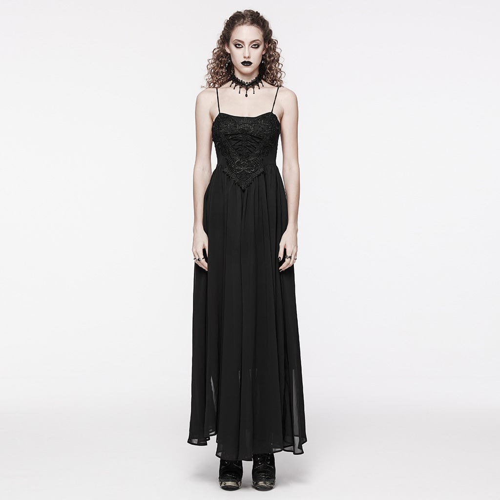 PUNK RAVE Women's Gothic Floral Embroidered Lace-up Slip Dress