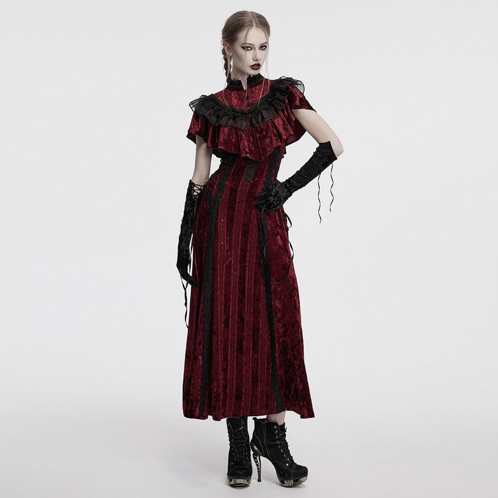 PUNK RAVE Women's Gothic Floral Embroidered Lace-up Velvet Gloves Black