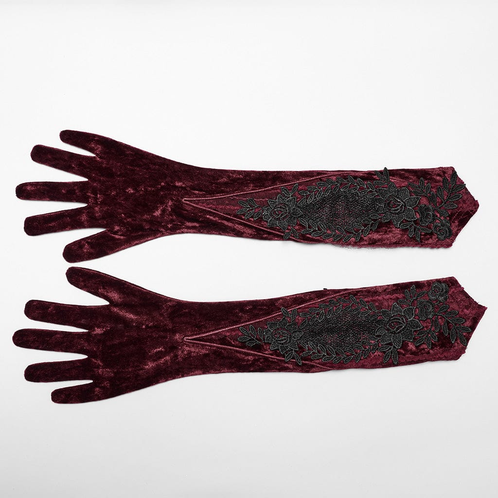 PUNK RAVE Women's Gothic Floral Embroidered Lace-up Velvet Gloves Red