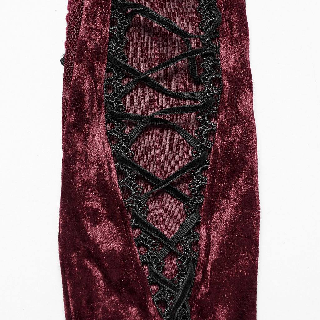 PUNK RAVE Women's Gothic Floral Embroidered Lace-up Velvet Gloves Red
