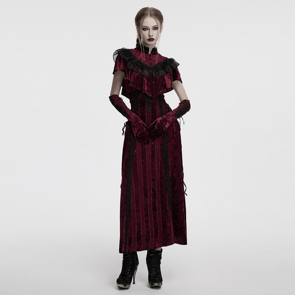 PUNK RAVE Women's Gothic Floral Embroidered Lace-up Velvet Gloves Red