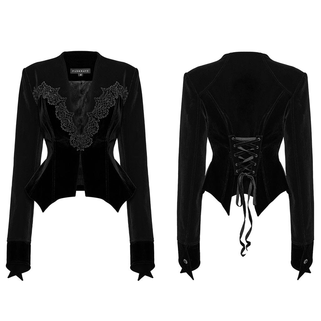 PUNK RAVE Women's Gothic Floral Embroidered Lace-up Velvet Jacket Black