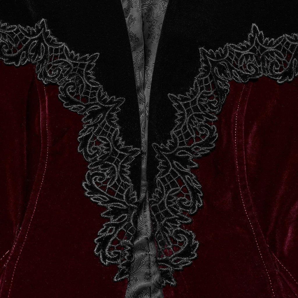 PUNK RAVE Women's Gothic Floral Embroidered Lace-up Velvet Jacket Red