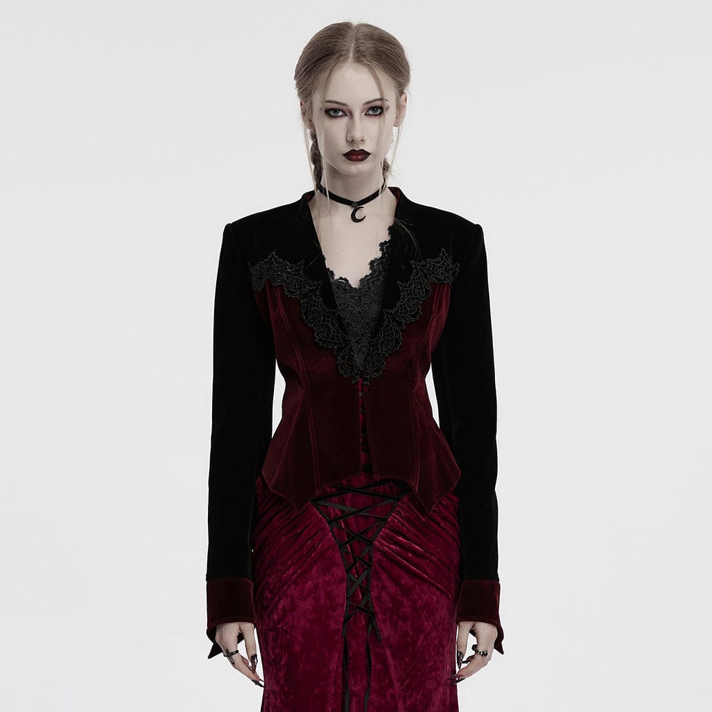 PUNK RAVE Women's Gothic Floral Embroidered Lace-up Velvet Jacket Red