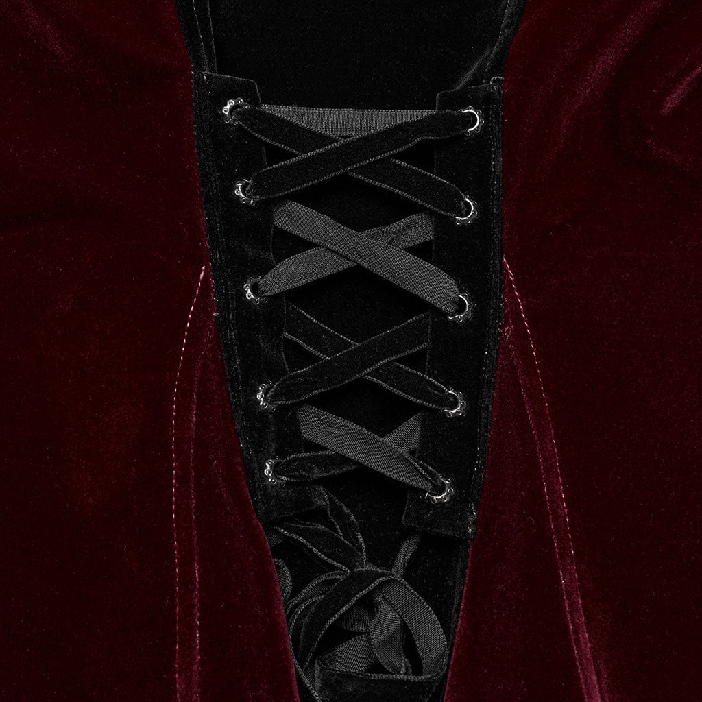 PUNK RAVE Women's Gothic Floral Embroidered Lace-up Velvet Jacket Red