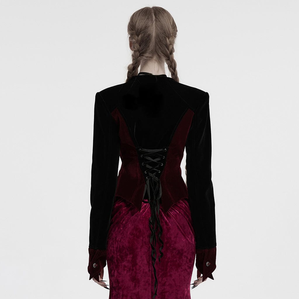 PUNK RAVE Women's Gothic Floral Embroidered Lace-up Velvet Jacket Red
