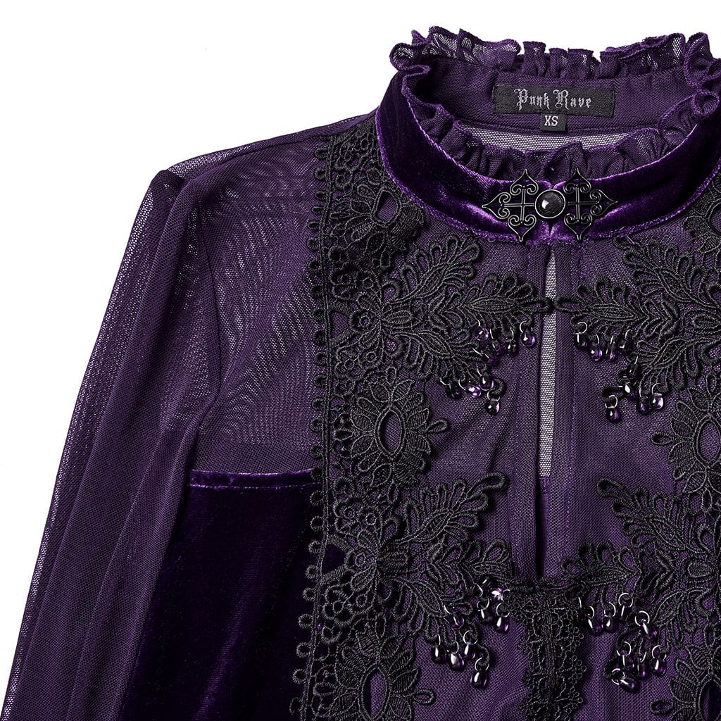 PUNK RAVE Women's Gothic Floral Embroidered Mesh Splice Maxi Dress Violet