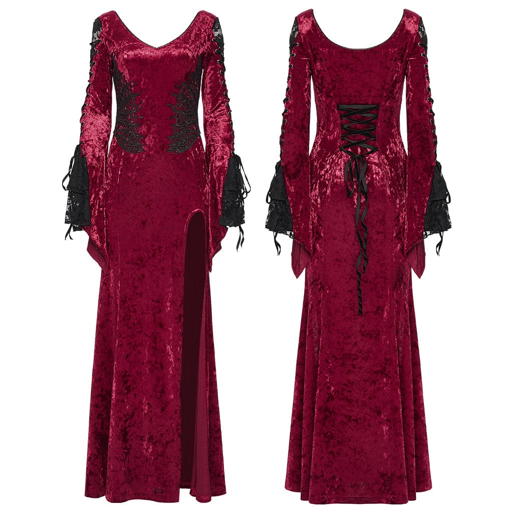 PUNK RAVE Women's Gothic Floral Embroidered Mesh Splice Party Dress Red