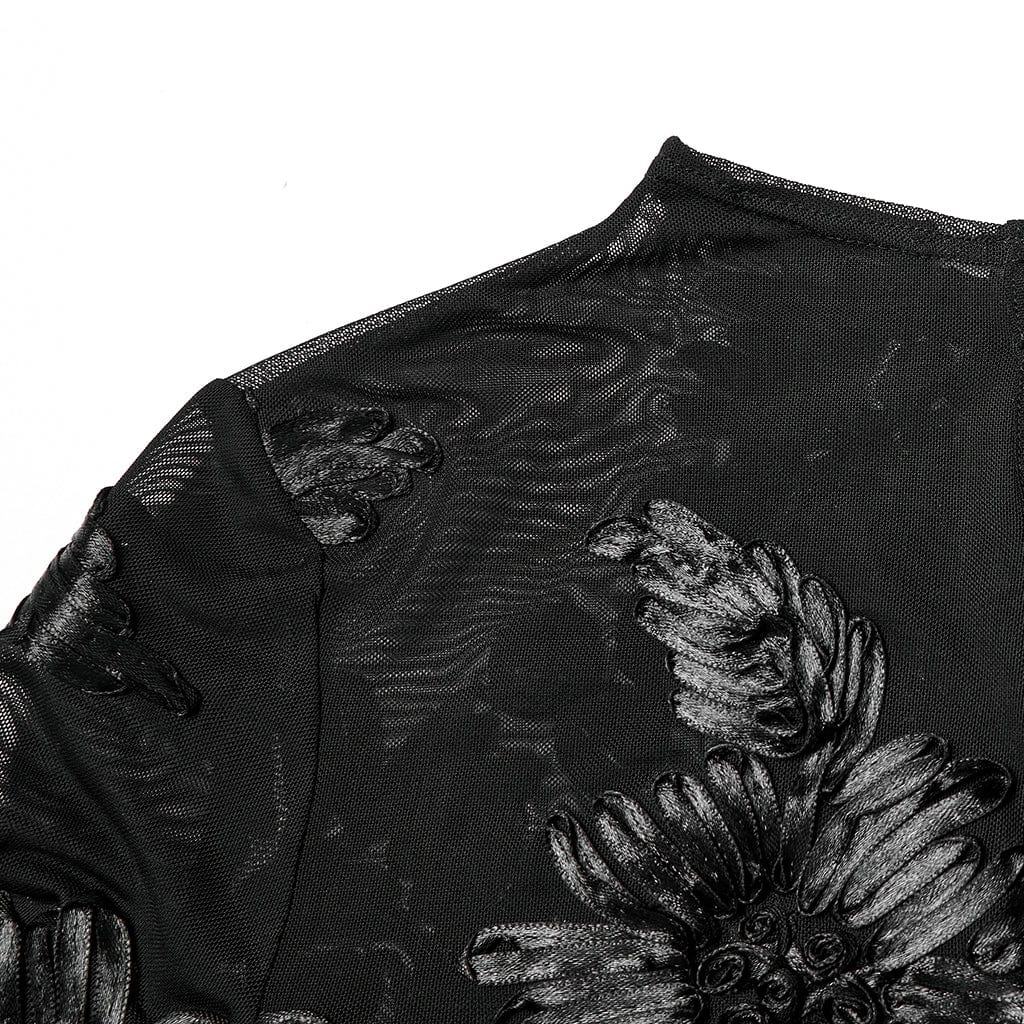 PUNK RAVE Women's Gothic Floral Embroidered Mesh Top