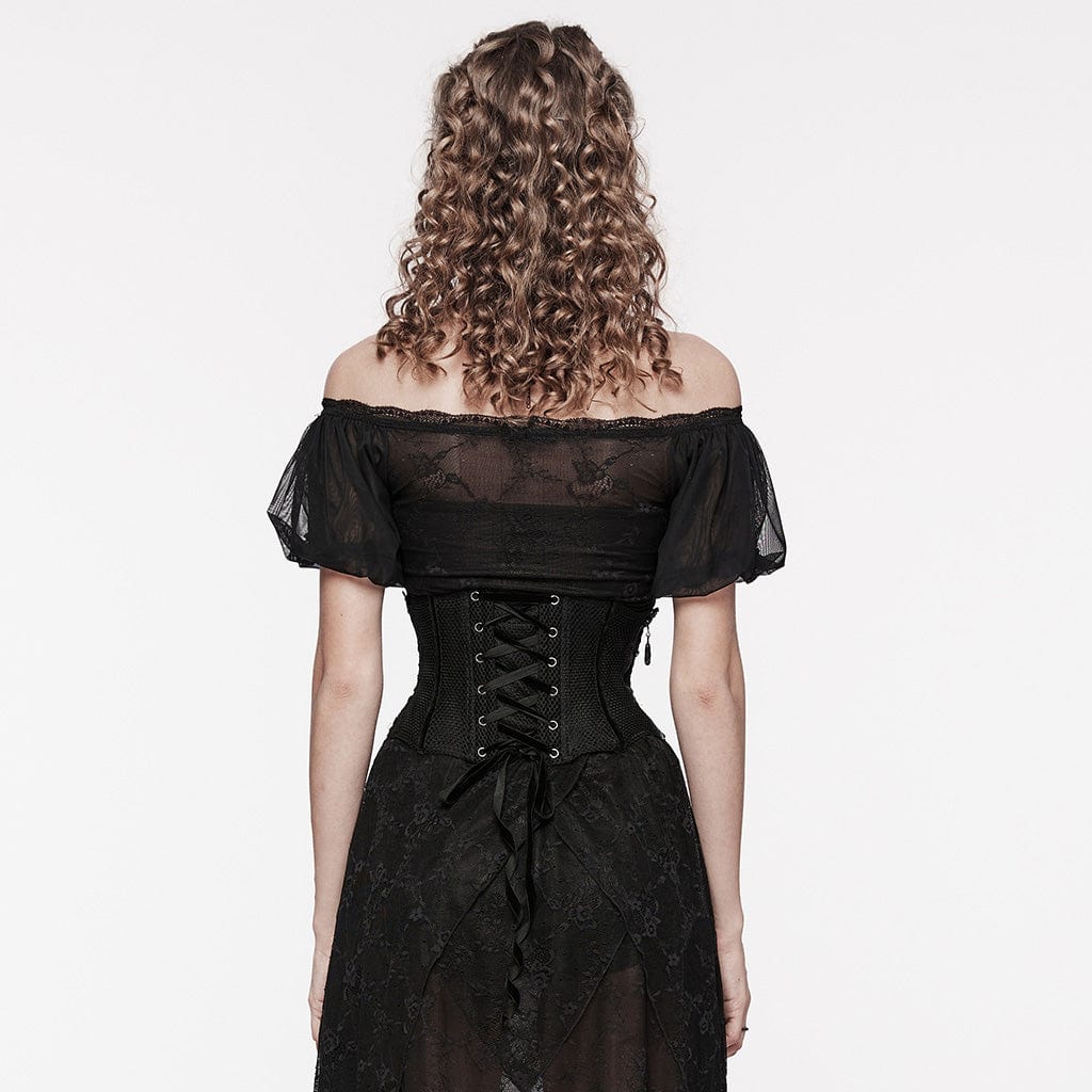 PUNK RAVE Women's Gothic Floral Embroidered Mesh Underbust Corset