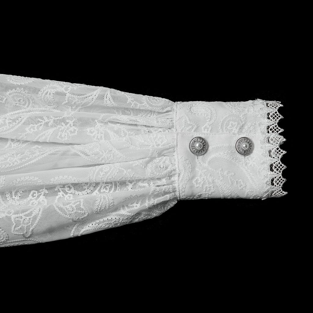 PUNK RAVE Women's Gothic Floral Embroidered Puff Sleeved Ruffle Shirt