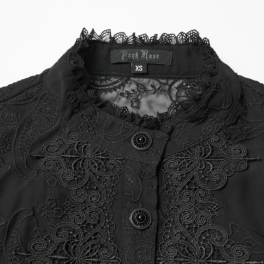 PUNK RAVE Women's Gothic Floral Embroidered Puff Sleeved Shirt