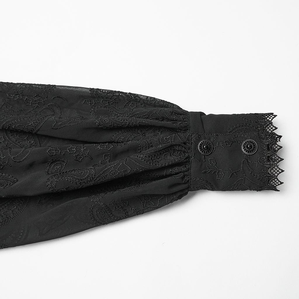 PUNK RAVE Women's Gothic Floral Embroidered Puff Sleeved Shirt