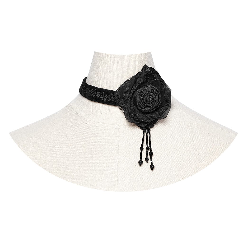 PUNK RAVE Women's Gothic Floral Embroidered Rose Velvet Choker Black