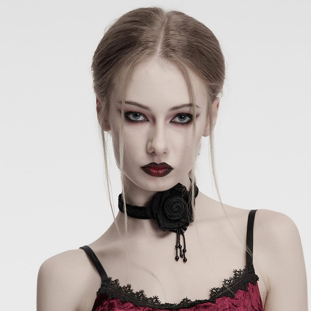PUNK RAVE Women's Gothic Floral Embroidered Rose Velvet Choker Black