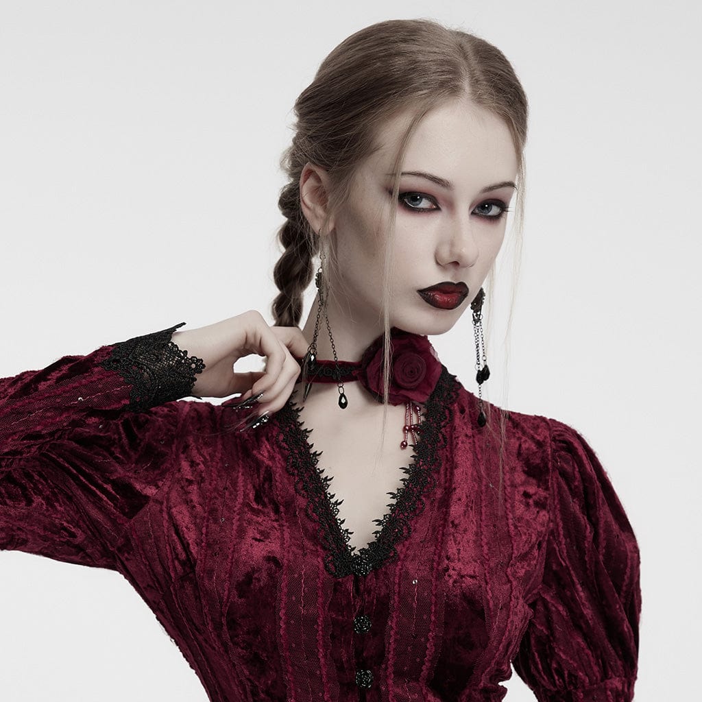 PUNK RAVE Women's Gothic Floral Embroidered Rose Velvet Choker Red