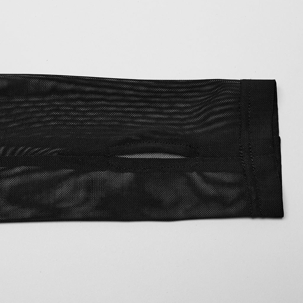 PUNK RAVE Women's Gothic Floral Embroidered Ruched Mesh Shirt