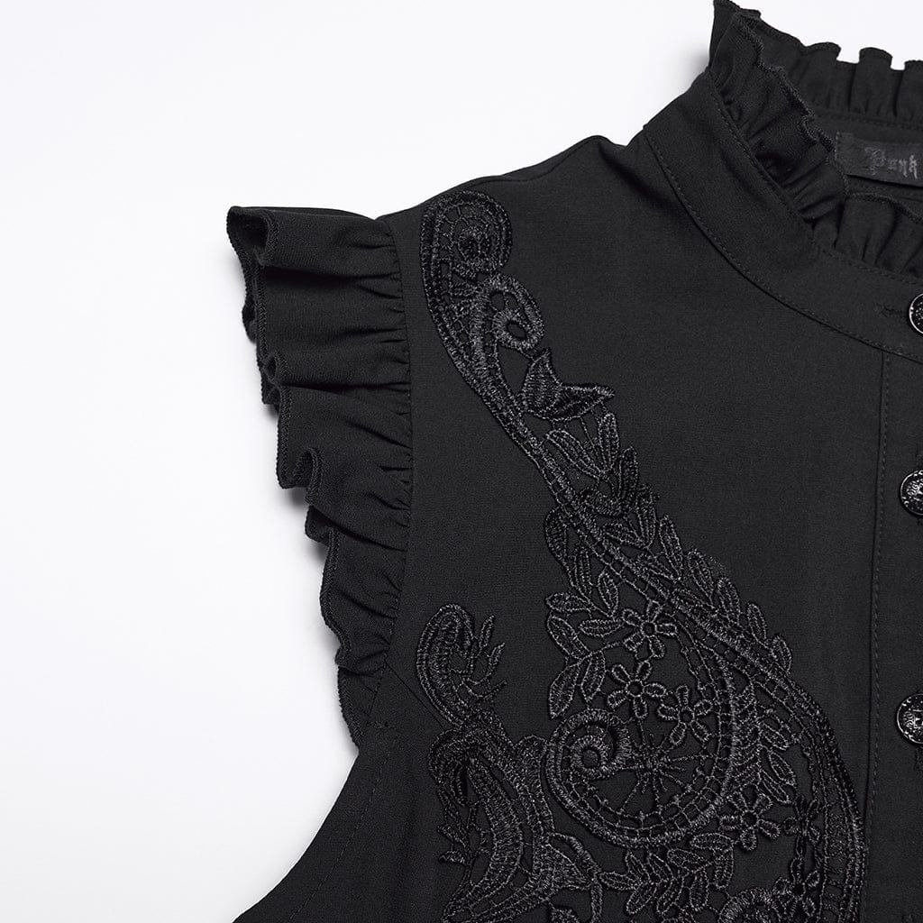 PUNK RAVE Women's Gothic Floral Embroidered Ruffled Stand Collar Shirt