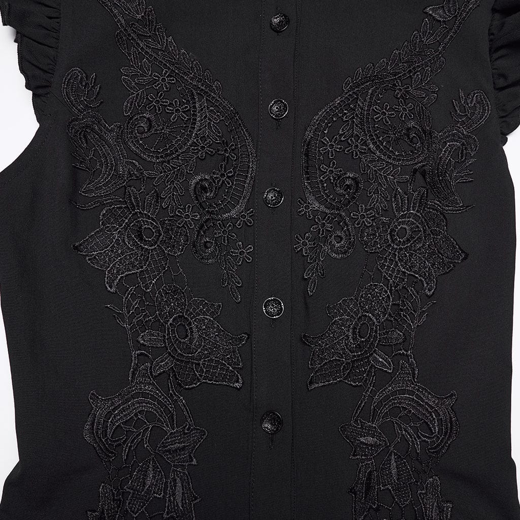 PUNK RAVE Women's Gothic Floral Embroidered Ruffled Stand Collar Shirt